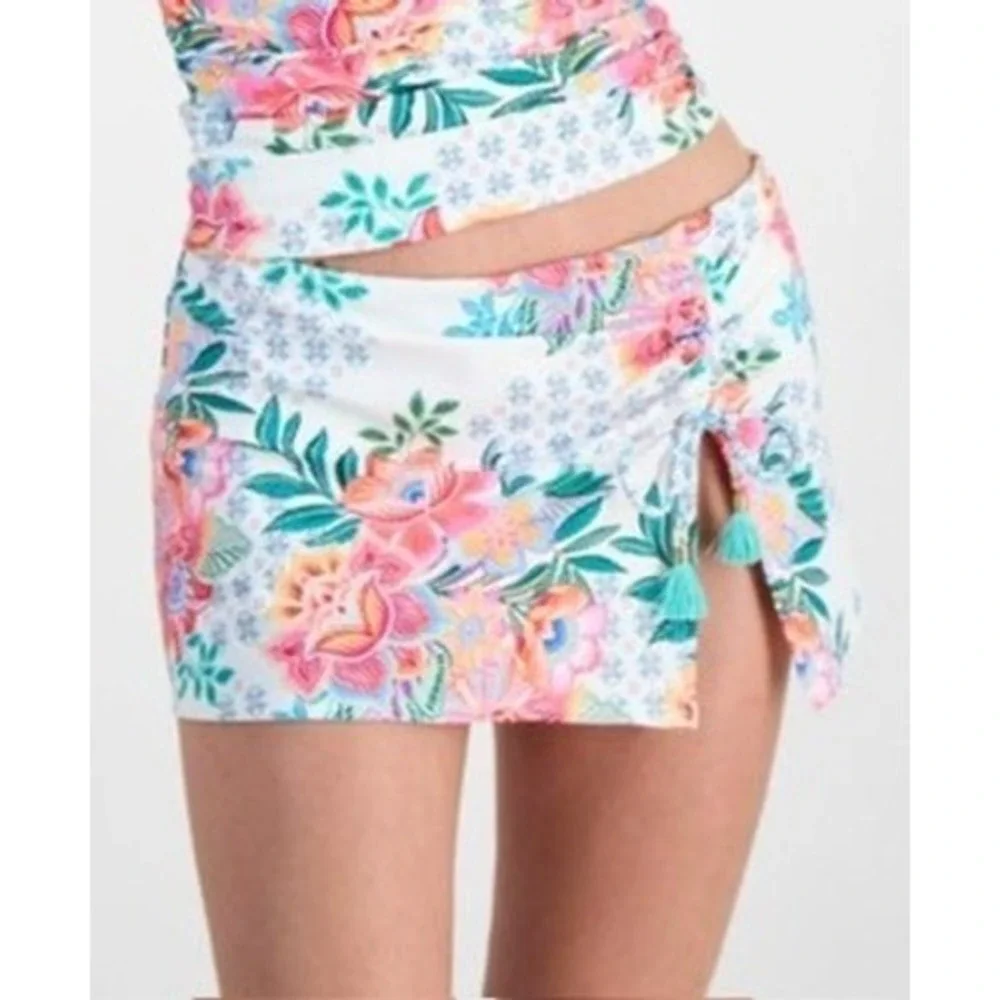 NEW La Blanca Swim Skirt Women White Floral Ruched Tassel Skort 16 $89